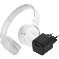 Koop JBL Tune 520BT Wit + BlueBuilt Quick Charge Oplader met Usb A Poort 18W Zwart - JBL